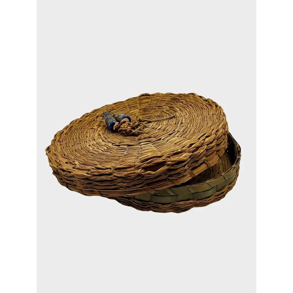 Vintage Covered Lidded Sewing Wicker Rattan Basket Tassels Glass Beads 1